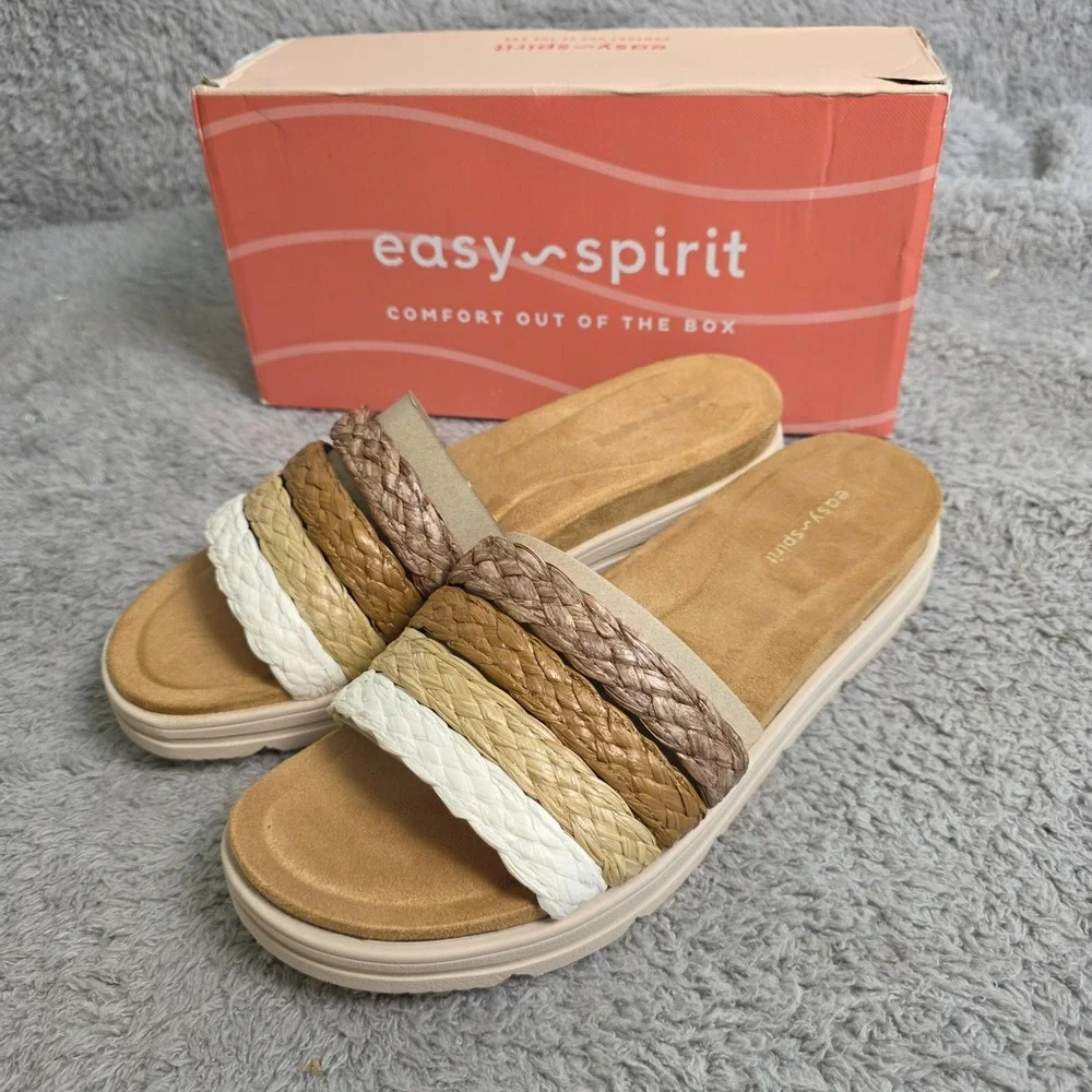 Easy‎ Spirit Women Dark Brown Multi Strap Raffia Braided Slide Sandals 10M NEW